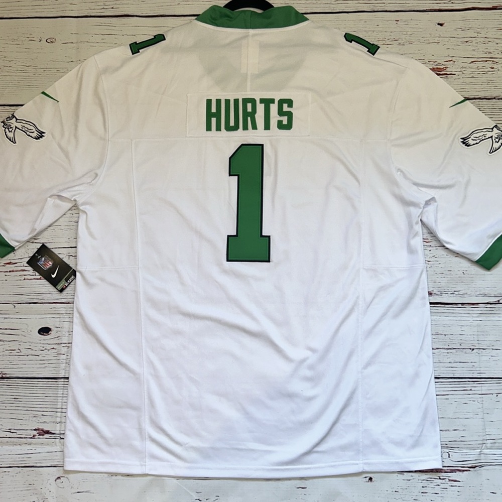 Jalen Hurts•Eagles (Sz-5XL) #1•white & Kelly Green•Stitched not pressed